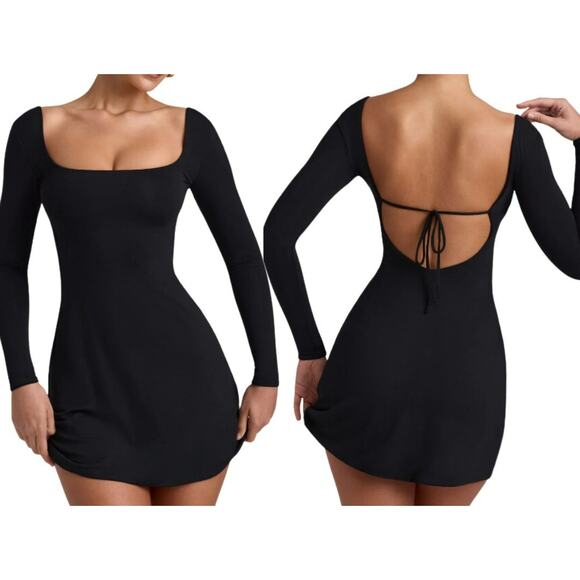 NWT Oh Polly Hope Modal Square Neck Long Sleeve Mini Dress Open Back Black L - Picture 1 of 11